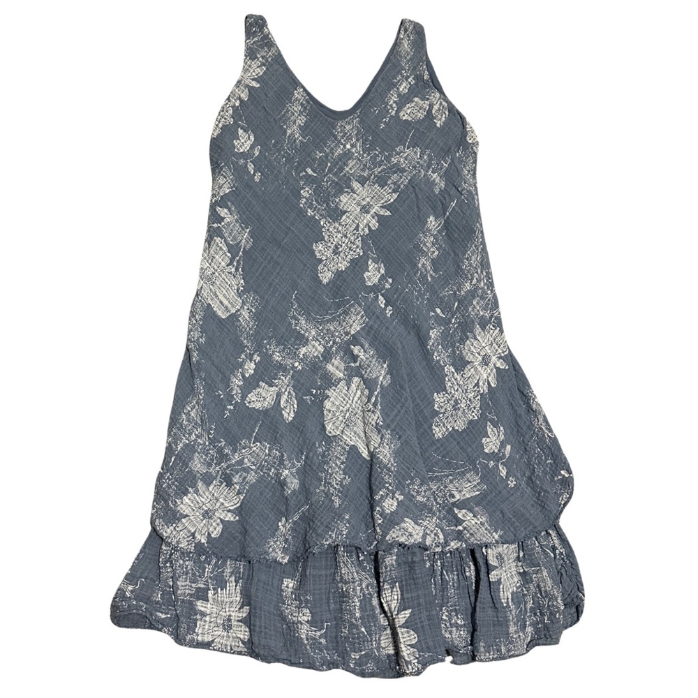 EUC 100% Cotton Dusty Blue Floral Summer Dress Made in Italy